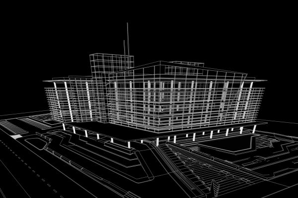3D rendering wireframe of office building. Conception modern architecture and design.