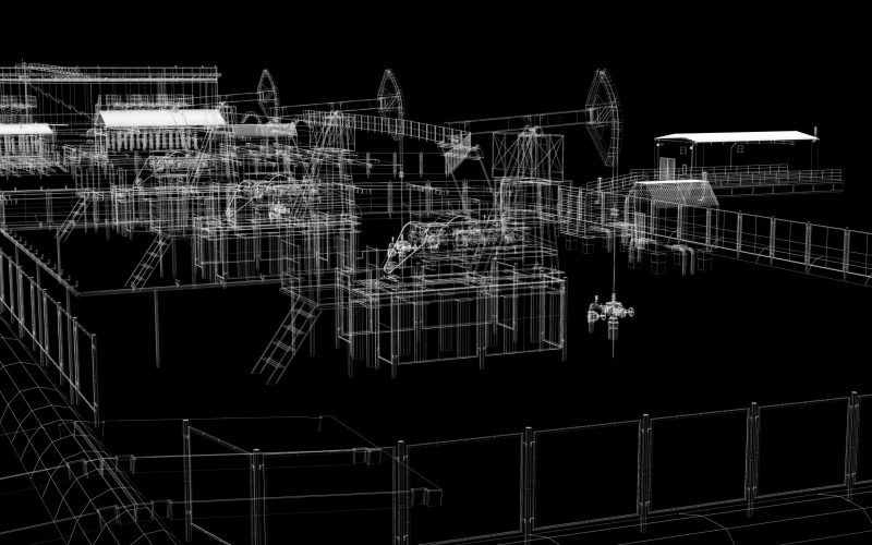 Abstract industrial archticture. Wire-frame render on black background